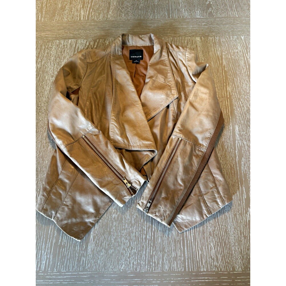 Trouvé Women's Brown Leather Biker Jacket M Zip Closure Pockets Long Sleeve